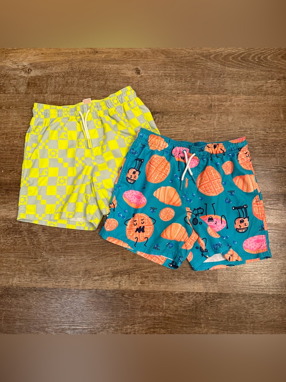 Cat & Jack Teal Swim Trunks with Orange Pastry Print & Yellow Check Swim Trunks